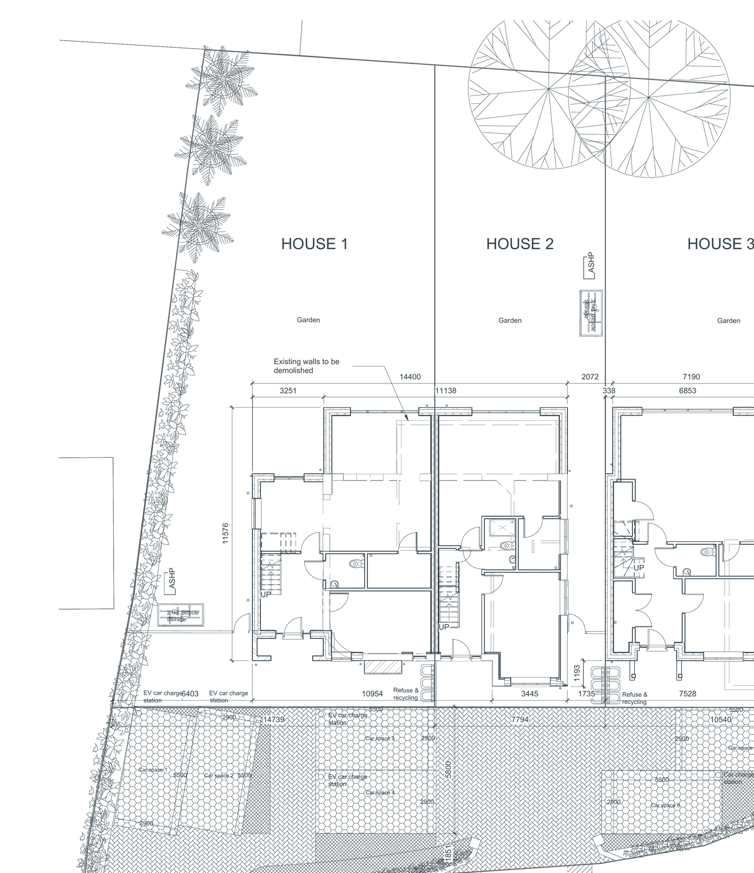 Site setting-out plan for three new houses at North Weald Bassett