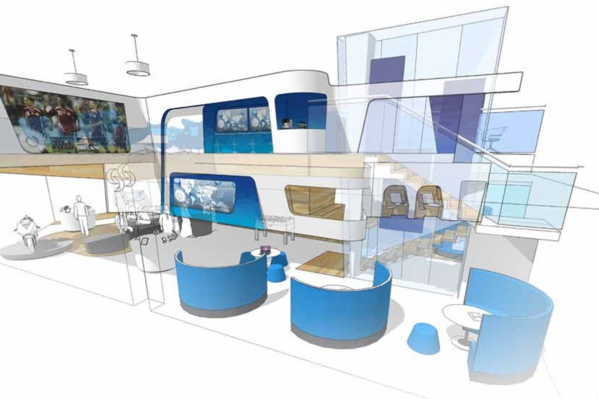 Concept sketch of a bank branch for a younger generation, with open lounge seating and screens