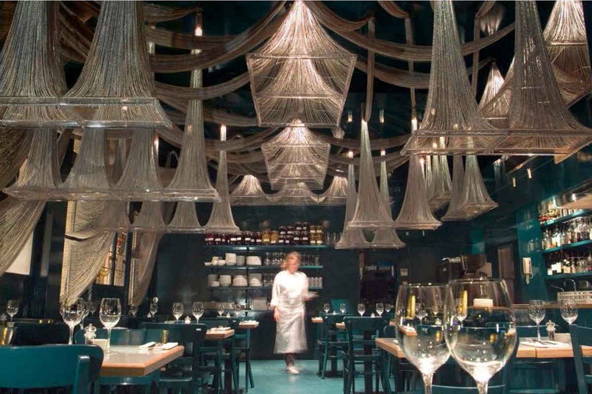 Restaurant interior with chandeliers made of draped chain, Konstam at the Prince Albert, London