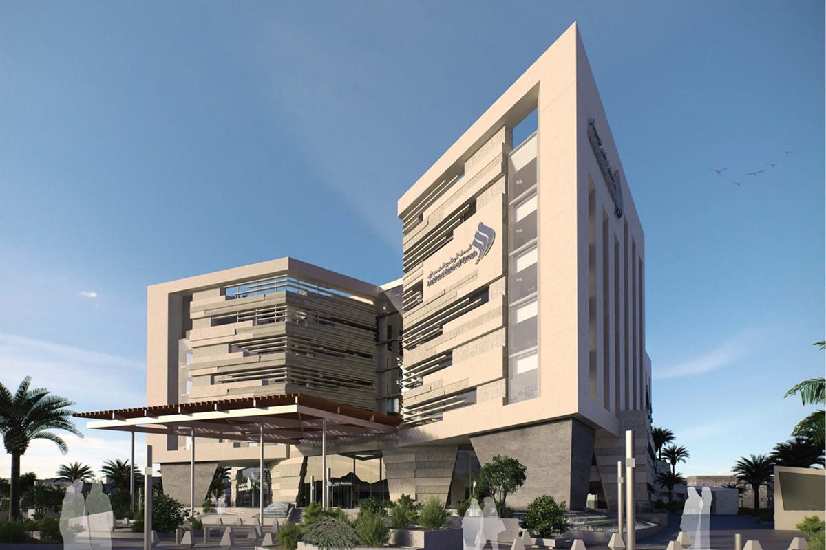 Visual of the National Bank of Oman headquarters, a stepped stone-clad office building with deep shading