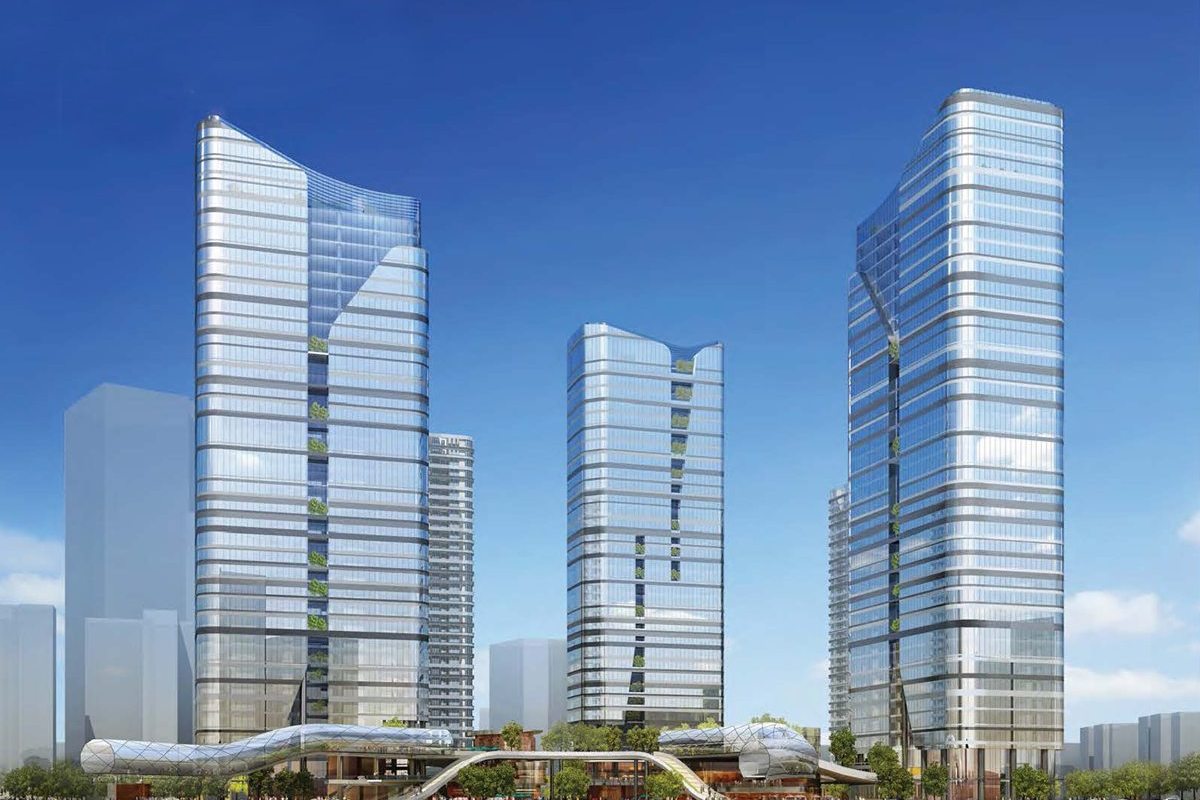 Visual of three glass towers above a curved podium, UCD Nanshan District B, Shenzhen