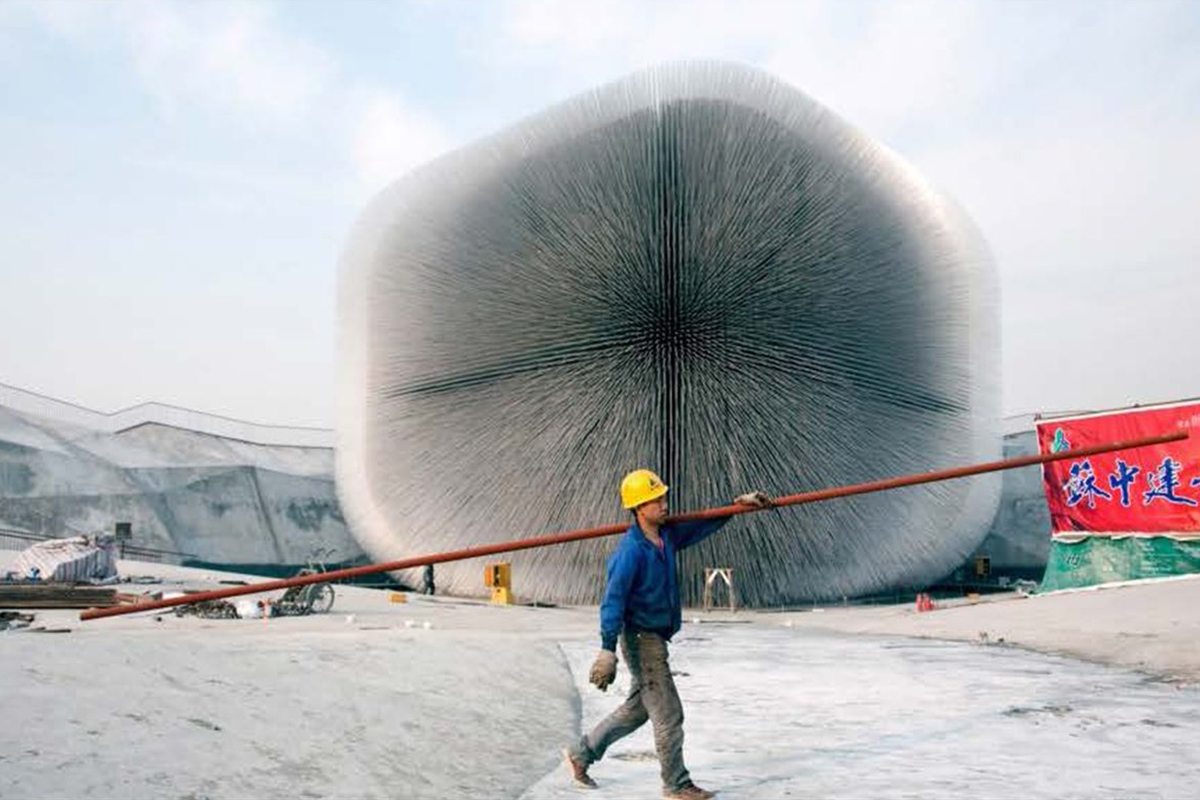 The UK Pavilion at the Shanghai Expo 2010, a cube of thousands of acrylic rods, under construction